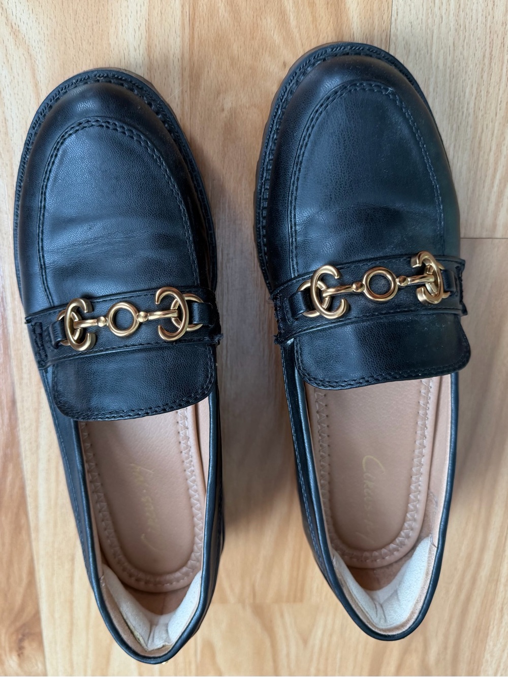 Circus by Sam Edelman Black Leather Loafers with Gold Horsebit
